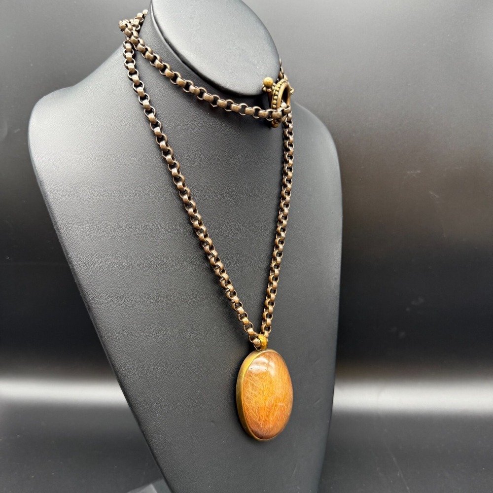 RARE 1994 Signed Stephen Dweck Pendant Necklace Oversized Bronze‎ Chain & Quartz